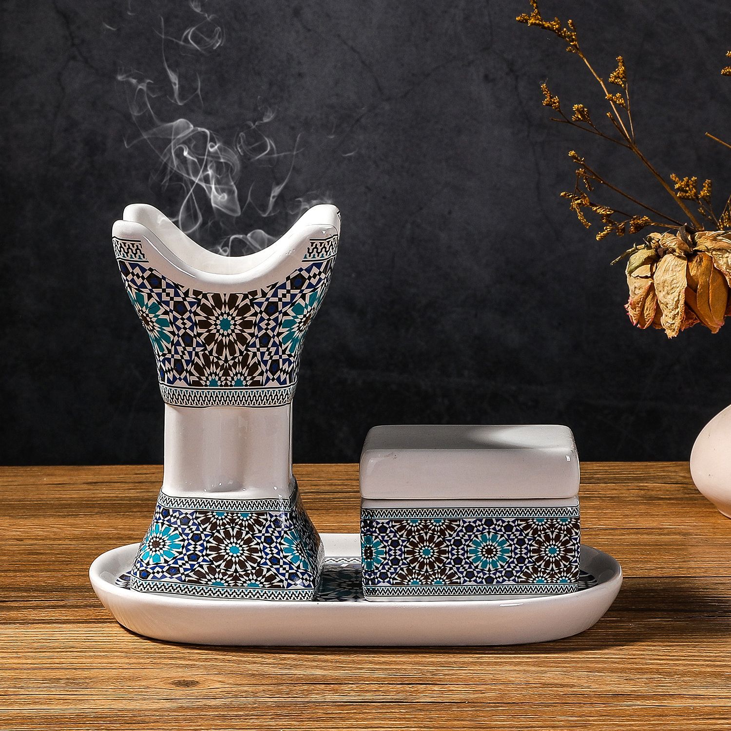 Incense Holder - アラビア陶磁器プリント四角香炉セット中東アフリカ結婚式装飾パーティー雰囲気香炉