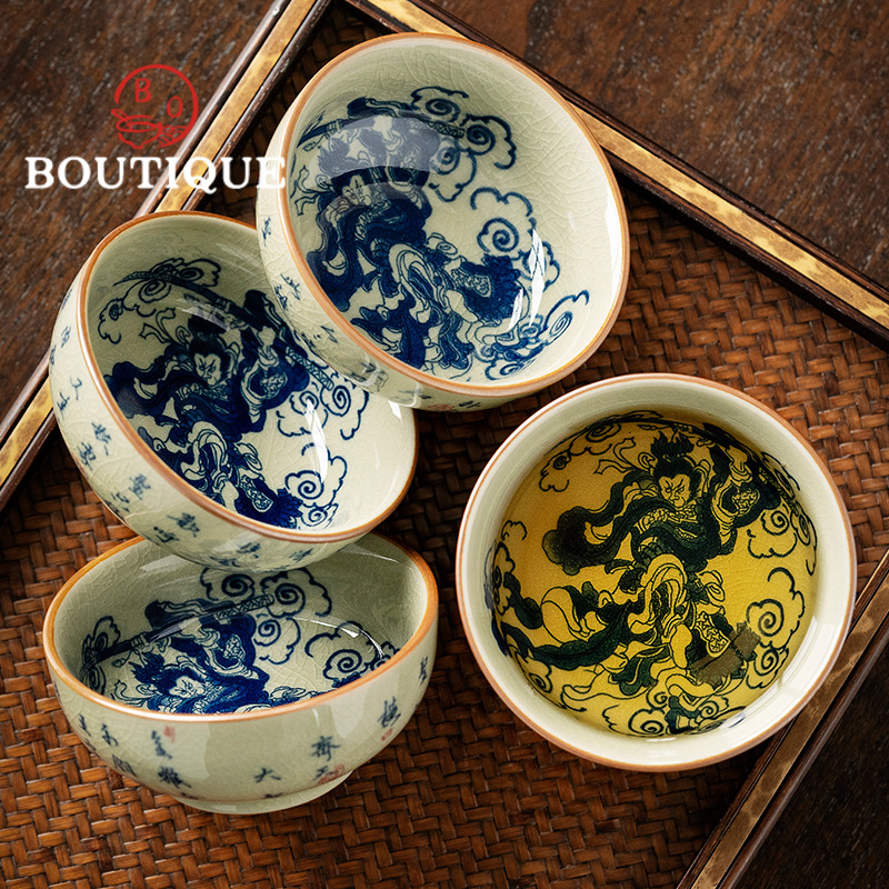 Japanese Pottery - 古い陶器粘土のお茶、日本の革のマスターカップ、個人用カップ、家庭用中国のティーセット、青と白の機器の装飾、100ml