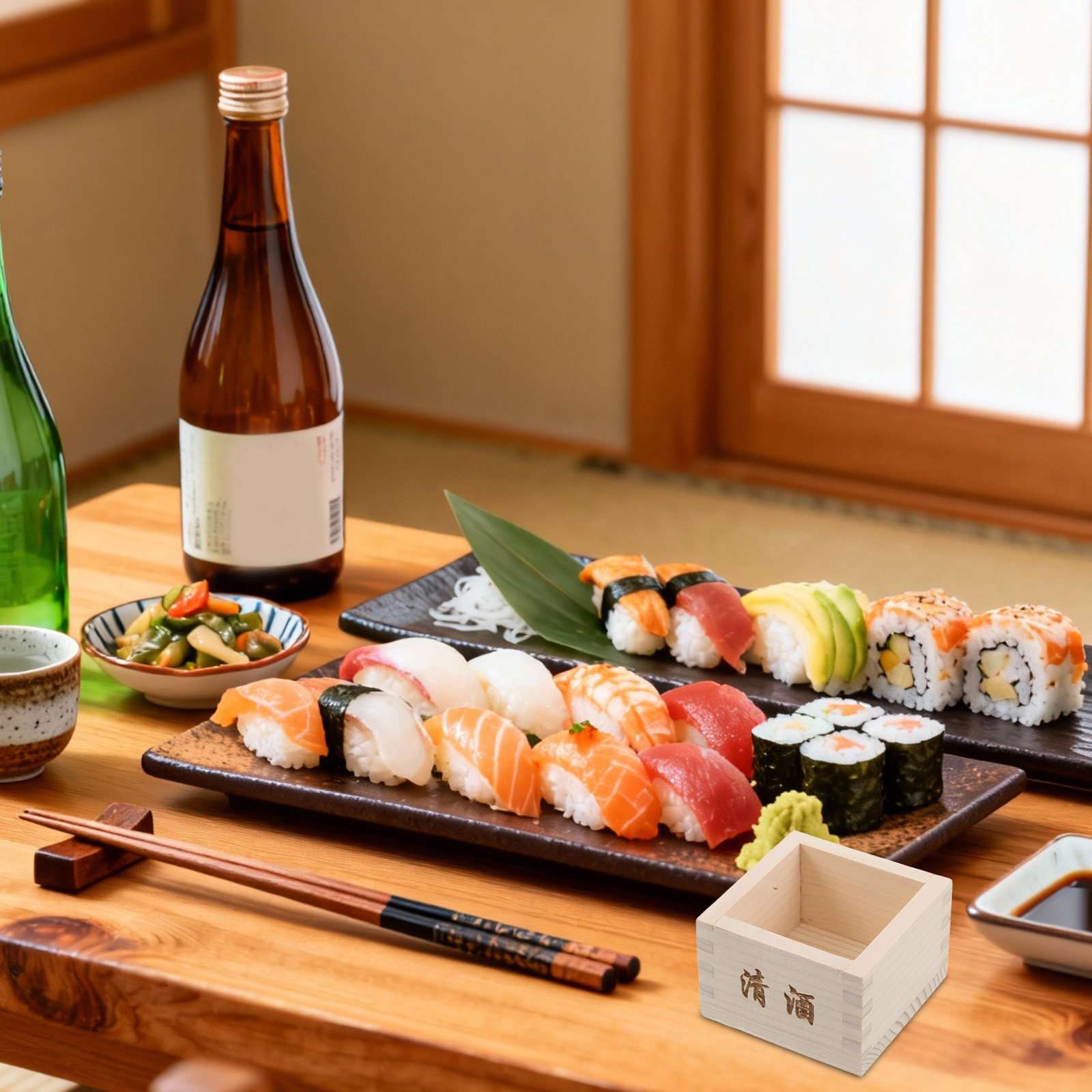 木製の日本酒箱2個セット。伝統的な日本の正方形の酒杯で、寿司 - Japanese Restaurant Lifestyle のレビューと価格