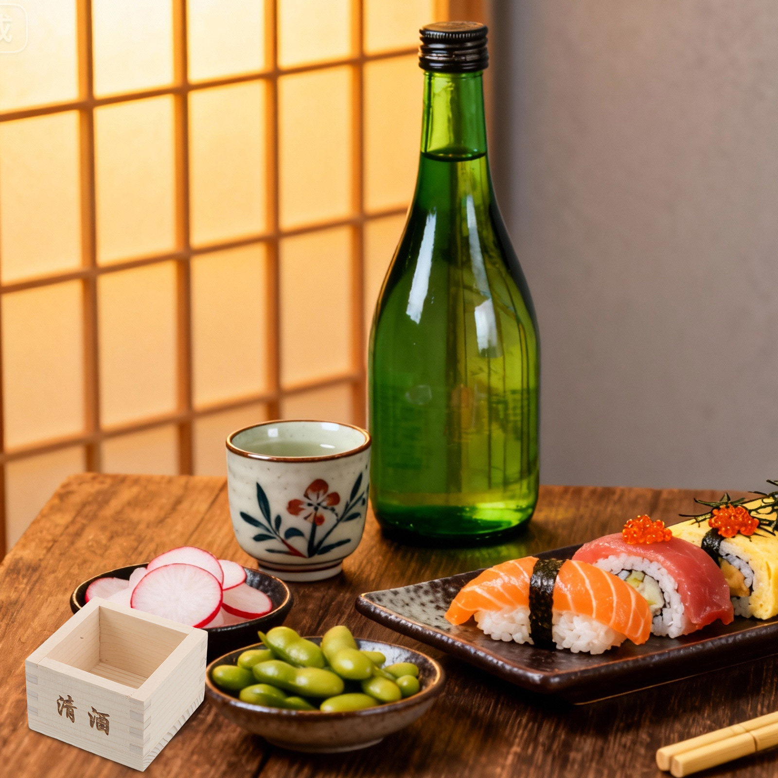 木製の日本酒箱2個セット。伝統的な日本の正方形の酒杯で、寿司 - Japanese Restaurant Lifestyle のレビューと価格