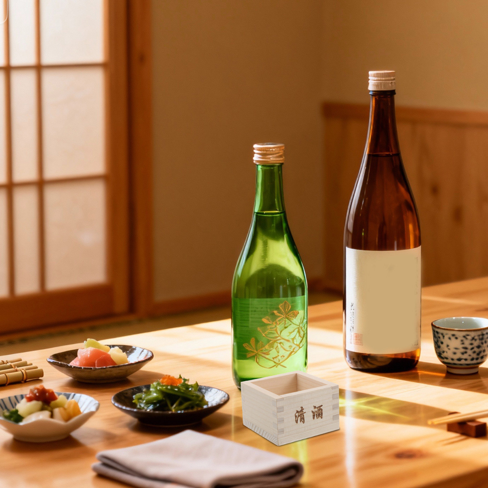 木製の日本酒箱2個セット。伝統的な日本の正方形の酒杯で、寿司 - Japanese Restaurant Lifestyle のレビューと価格